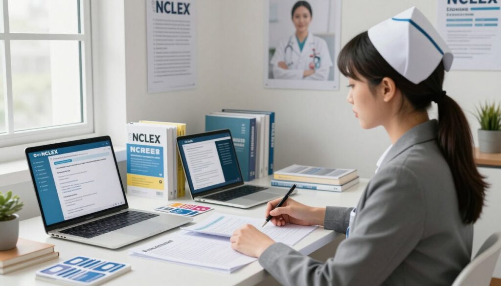 A modern study environment featuring a nurse preparing for the NCLEX exam. In the foreground, a focused individual, dressed in professional business attire, is seated at a desk, surrounded by NCLEX practice exams and digital devices displaying simulation software. In the middle, various NCLEX preparation resources such as textbooks, flashcards, and a laptop with an exam interface visible on the screen are strategically placed. The background reveals a bright, airy study room with motivational posters about nursing and exam success on the wall. Soft, natural light filters through a nearby window, creating an inviting and focused atmosphere that conveys dedication and preparation for the NCLEX exam. The overall mood is serious yet hopeful, emphasizing the importance of practice exams and simulations in nursing education. A modern study environment featuring a nurse preparing for the NCLEX exam. In the foreground, a focused individual, dressed in professional business attire, is seated at a desk, surrounded by NCLEX practice exams and digital devices displaying simulation software. In the middle, various NCLEX preparation resources such as textbooks, flashcards, and a laptop with an exam interface visible on the screen are strategically placed. The background reveals a bright, airy study room with motivational posters about nursing and exam success on the wall. Soft, natural light filters through a nearby window, creating an inviting and focused atmosphere that conveys dedication and preparation for the NCLEX exam. The overall mood is serious yet hopeful, emphasizing the importance of practice exams and simulations in nursing education.