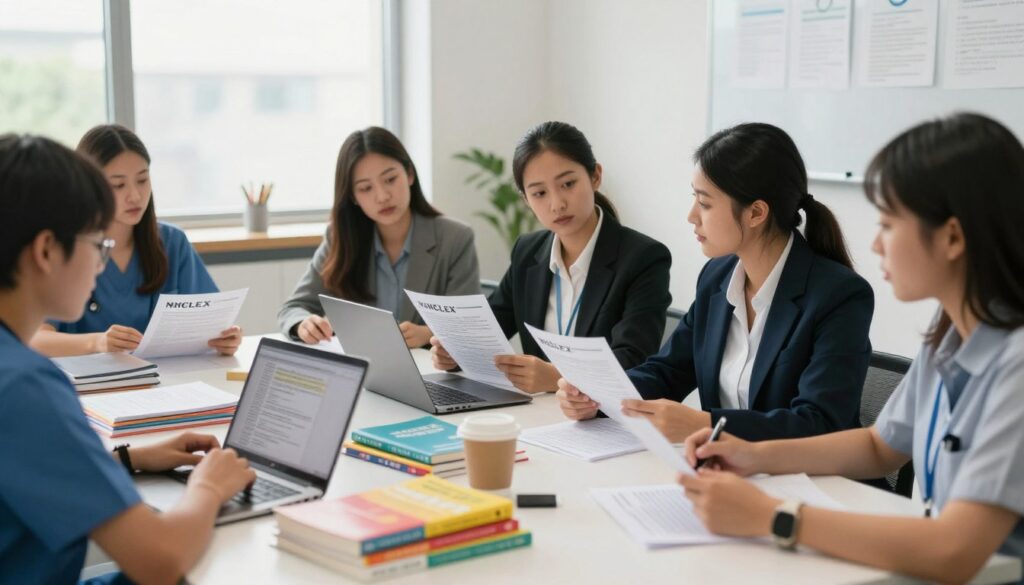 A modern study space featuring a group of diverse nursing students collaborating over NCLEX question bank reviews. In the foreground, a table is cluttered with colorful study materials, including textbooks, laptops, and mock exam papers. In the middle, the students, dressed in professional business attire, are engaged in discussions and sharing insights. They exhibit focused expressions, emphasizing teamwork and dedication. The background shows a bright, well-lit room with large windows allowing natural light to pour in, enhancing the atmosphere of learning. The overall mood is one of enthusiasm and determination, capturing the essence of preparing for the NCLEX exam. The scene is framed from a slight angle, creating depth and inviting viewers into the study environment. A modern study space featuring a group of diverse nursing students collaborating over NCLEX question bank reviews. In the foreground, a table is cluttered with colorful study materials, including textbooks, laptops, and mock exam papers. In the middle, the students, dressed in professional business attire, are engaged in discussions and sharing insights. They exhibit focused expressions, emphasizing teamwork and dedication. The background shows a bright, well-lit room with large windows allowing natural light to pour in, enhancing the atmosphere of learning. The overall mood is one of enthusiasm and determination, capturing the essence of preparing for the NCLEX exam. The scene is framed from a slight angle, creating depth and inviting viewers into the study environment.