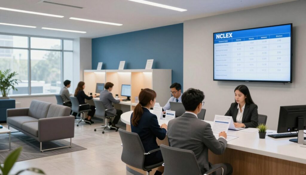 A modern testing center interior, showcasing a spacious waiting area with comfortable seating and a reception desk. In the foreground, a diverse group of individuals, dressed in professional business attire, are attentively looking at a testing schedule displayed on a digital board. In the middle ground, an open area with private testing booths featuring computers and exam materials, illuminated by soft, natural lighting filtering through large windows. The background reveals a calming color palette of blues and whites, conveying a serene and focused atmosphere. The image captures a sense of preparation and anticipation, highlighting the professionalism of the NCLEX testing process.