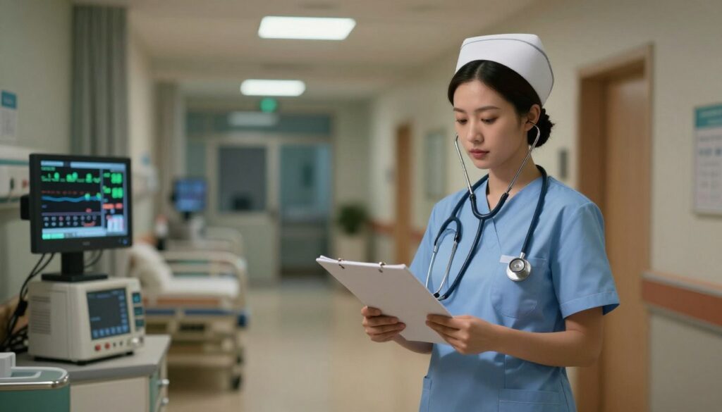 A new nurse, dressed in professional scrubs, stands confidently at a hospital station during the night shift. The foreground includes the nurse with a focused expression, holding a stethoscope and reviewing patient files. In the middle ground, the dimly lit hospital corridor extends, with soft overhead lighting casting a calming glow. You can see medical equipment and a nursing station with monitors displaying patient vitals, emphasizing a night-time work environment. In the background, outlines of empty patient rooms reflect the quietness of the night. The atmosphere conveys a sense of determination and tranquility in the nurse's new journey, highlighting the unique advantages of starting a nursing career at night. Capture this scene with a soft focus and warm lighting to enhance the inviting mood.