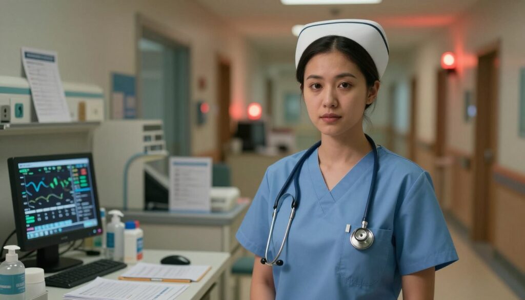 A new nurse on a night shift in a hospital setting, dressed in professional scrubs with a stethoscope around her neck. In the foreground, she is facing the viewer, with a focused expression, her hair neatly pulled back. In the middle ground, a softly lit nurse’s station with monitors displaying patient information, charts, and medical supplies, emphasizing a busy yet organized environment. In the background, dimly lit hospital corridors with occasional emergency lights casting a warm glow, creating a calm yet active atmosphere. The image should have a soft focus on the nurse to highlight her dedication and determination, captured with a 50mm lens to create depth and intimacy, with warm lighting that conveys a sense of care and support in night shift nursing.