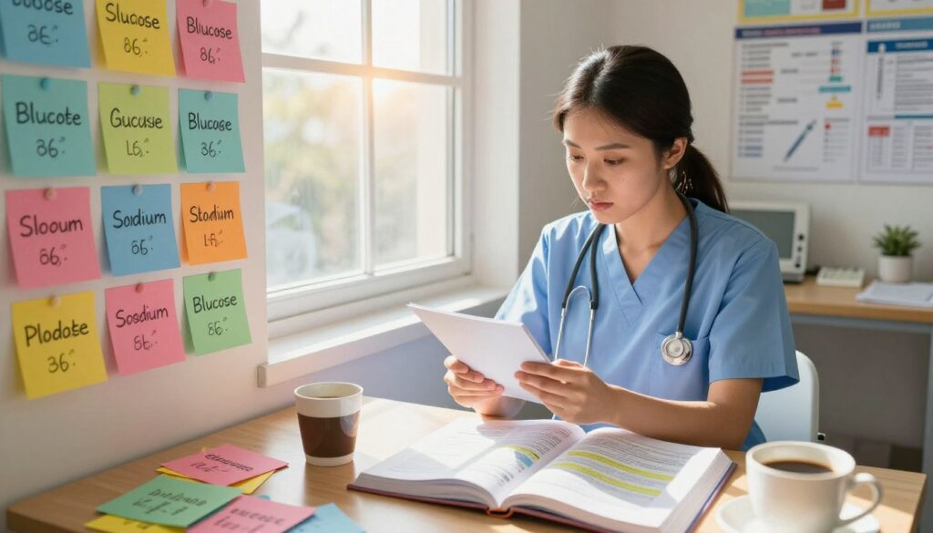 A nurse surrounded by colorful flashcards, each displaying different lab values like glucose, sodium, and potassium. The nurse, a young woman in professional scrubs, is studying intently, with a focused expression. In the foreground, an open textbook with highlighted sections on lab values, next to a cup of coffee. The middle ground features a bright window letting in warm daylight, casting soft shadows around the room. In the background, a wall filled with bulleted notes and diagrams about lab values. The atmosphere is energetic yet studious, conveying a sense of dedication and determination. The composition is shot from a slight overhead angle, emphasizing the organized chaos of study materials. The colors are vibrant but harmonious, creating an inviting and motivational space. A nurse surrounded by colorful flashcards, each displaying different lab values like glucose, sodium, and potassium. The nurse, a young woman in professional scrubs, is studying intently, with a focused expression. In the foreground, an open textbook with highlighted sections on lab values, next to a cup of coffee. The middle ground features a bright window letting in warm daylight, casting soft shadows around the room. In the background, a wall filled with bulleted notes and diagrams about lab values. The atmosphere is energetic yet studious, conveying a sense of dedication and determination. The composition is shot from a slight overhead angle, emphasizing the organized chaos of study materials. The colors are vibrant but harmonious, creating an inviting and motivational space.