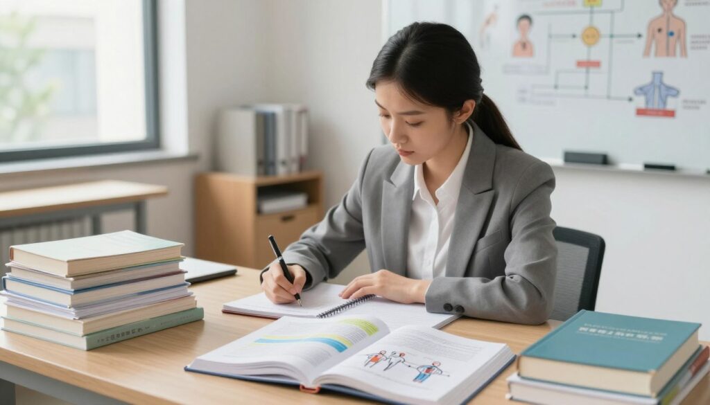 A nursing student sits at a study desk, surrounded by textbooks and notes that focus on clinical judgment skills. The foreground features an open textbook with highlighted sections and nursing diagrams. The middle layer showcases the student, a young woman in professional business attire, deeply focused as she takes notes. In the background, a well-lit study room with a whiteboard covered in flowcharts and medical illustrations emphasizes a scholarly atmosphere. Soft, natural light filters through a window, illuminating the scene and creating a serene yet motivated mood. The camera angle is slightly above eye-level, capturing both the student’s concentration and the organized chaos of study materials, evoking a sense of preparation and determination.