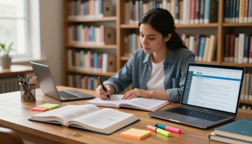 A peaceful library study environment for NCLEX exam preparation, featuring an organized wooden table in the foreground with an open textbook, colorful sticky notes, highlighters, and a laptop displaying study resources. In the middle ground, a focused nursing student in business casual attire, demonstrating effective study techniques like summarizing notes and creating flashcards. The background reveals tall bookshelves filled with nursing textbooks and resources, softly illuminated by warm, natural light coming through a window. The atmosphere is calm, encouraging productivity and quick learning, captured with a shallow depth of field to emphasize the student’s concentration and the study materials around them. A peaceful library study environment for NCLEX exam preparation, featuring an organized wooden table in the foreground with an open textbook, colorful sticky notes, highlighters, and a laptop displaying study resources. In the middle ground, a focused nursing student in business casual attire, demonstrating effective study techniques like summarizing notes and creating flashcards. The background reveals tall bookshelves filled with nursing textbooks and resources, softly illuminated by warm, natural light coming through a window. The atmosphere is calm, encouraging productivity and quick learning, captured with a shallow depth of field to emphasize the student’s concentration and the study materials around them.