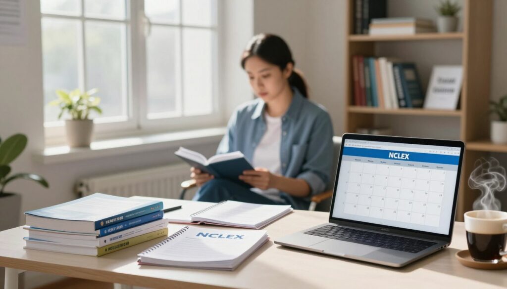 A peaceful, professional study environment tailored for aspiring nurses preparing to retake the NCLEX exam. In the foreground, a well-organized desk holds a stack of NCLEX study guides, a laptop displaying a calendar with marked retake dates, and a steaming cup of coffee. The middle layer features a focused student, dressed in smart casual attire, surrounded by notes and books, exhibiting a sense of determination and concentration. Behind them, a bright window allows soft natural light to flood the room, casting gentle shadows and creating a calm atmosphere. The background includes a bookshelf filled with nursing resources and motivational quotes, enhancing the feeling of support and encouragement. The overall mood is hopeful and dedicated, emphasizing the importance of understanding the retake waiting period for the NCLEX.