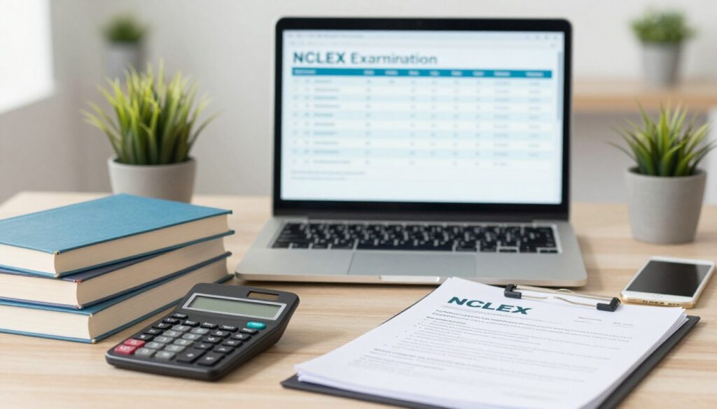A professional and informative depiction of NCLEX examination expenses, showcasing items like application fees, study materials, and financial assistance resources. In the foreground, a stack of textbooks and a calculator, symbolizing preparation costs, with a neatly organized folder containing financial aid applications. In the middle, a laptop displaying a budget spreadsheet, reflecting the financial planning aspect. The background includes a softly blurred office environment with a small potted plant, creating a calm atmosphere conducive to studying. Bright, natural lighting enhances the scene's clarity, while a slight depth of field draws focus to the foreground details, capturing a mood of dedication and seriousness towards financial management for NCLEX candidates. A professional and informative depiction of NCLEX examination expenses, showcasing items like application fees, study materials, and financial assistance resources. In the foreground, a stack of textbooks and a calculator, symbolizing preparation costs, with a neatly organized folder containing financial aid applications. In the middle, a laptop displaying a budget spreadsheet, reflecting the financial planning aspect. The background includes a softly blurred office environment with a small potted plant, creating a calm atmosphere conducive to studying. Bright, natural lighting enhances the scene's clarity, while a slight depth of field draws focus to the foreground details, capturing a mood of dedication and seriousness towards financial management for NCLEX candidates.