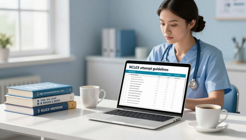 A professional and informative illustration that reflects the concept of "NCLEX attempt guidelines." In the foreground, a well-organized workspace featuring a sleek laptop open to a digital checklist displaying eligibility criteria for the NCLEX. A neatly arranged stack of nursing textbooks is alongside a cup of coffee for added context. In the middle, a nurse in professional attire observes the laptop, showcasing deep concentration. The background is softly blurred to depict a modern study environment, with natural light streaming through a window that casts gentle shadows across the desk. The color palette is calming, dominated by soft blues and whites, to convey a sense of focus and clarity. The overall mood is one of professionalism and dedication, ideal for a guideline-oriented article. A professional and informative illustration that reflects the concept of "NCLEX attempt guidelines." In the foreground, a well-organized workspace featuring a sleek laptop open to a digital checklist displaying eligibility criteria for the NCLEX. A neatly arranged stack of nursing textbooks is alongside a cup of coffee for added context. In the middle, a nurse in professional attire observes the laptop, showcasing deep concentration. The background is softly blurred to depict a modern study environment, with natural light streaming through a window that casts gentle shadows across the desk. The color palette is calming, dominated by soft blues and whites, to convey a sense of focus and clarity. The overall mood is one of professionalism and dedication, ideal for a guideline-oriented article.