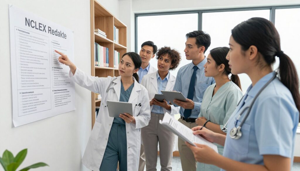 A professional and informative scene depicting a diverse group of individuals in a well-lit office environment, discussing NCLEX retake eligibility criteria. In the foreground, a nurse in professional attire is reviewing documents with a tablet, focused and engaged. In the middle, a diverse team of healthcare professionals, including a woman in a lab coat and a man in business casual, are collaborating, pointing at a well-structured chart on the wall illustrating the eligibility requirements. The background features bookshelves filled with nursing textbooks and a large window letting in natural light, creating a bright and motivating atmosphere. The overall mood is one of determination and support, emphasizing the serious nature of pursuing nursing qualifications. A professional and informative scene depicting a diverse group of individuals in a well-lit office environment, discussing NCLEX retake eligibility criteria. In the foreground, a nurse in professional attire is reviewing documents with a tablet, focused and engaged. In the middle, a diverse team of healthcare professionals, including a woman in a lab coat and a man in business casual, are collaborating, pointing at a well-structured chart on the wall illustrating the eligibility requirements. The background features bookshelves filled with nursing textbooks and a large window letting in natural light, creating a bright and motivating atmosphere. The overall mood is one of determination and support, emphasizing the serious nature of pursuing nursing qualifications.