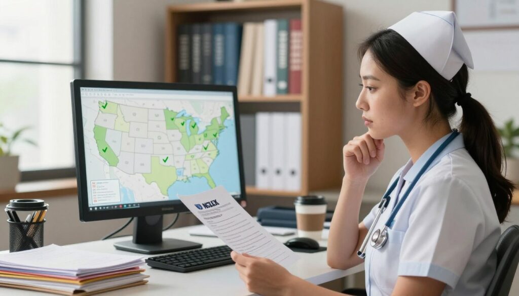 A professional and informative scene depicting a nurse reviewing their NCLEX license for interstate reciprocity. In the foreground, a nurse in business attire contemplates their license, holding documents with a thoughtful expression. The middle layer features a computer with a map of the United States on the screen, highlighting different states with green checkmarks, symbolizing reciprocity. In the background, a well-lit office space with bookshelves stacked with nursing reference materials, and a modern desk cluttered with folders and a coffee cup, exudes a scholarly atmosphere. Soft, natural lighting from a window creates a warm and inviting feel, while a slightly blurred depth of field focuses attention on the nurse and their important task.