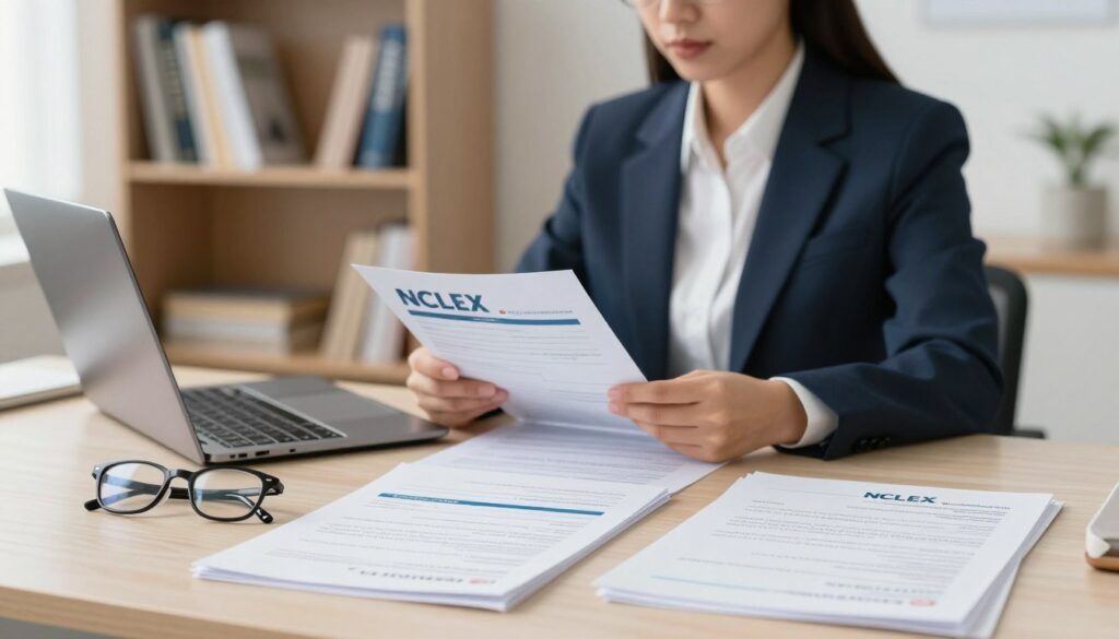 A professional and informative scene depicting the eligibility requirements for the NCLEX exam. In the foreground, a well-organized desk with neatly arranged documents, including educational transcripts, identification, and nursing program completion certificates. A pair of glasses rests next to a laptop opened to a registration website. In the middle ground, a focused individual in professional business attire, such as a suit, reviewing the documents; their expression is one of determination and clarity. In the background, a softly blurred bookshelf filled with nursing textbooks and resources, suggesting a learning environment. The overall lighting is soft and even, creating a calm and focused atmosphere, with daylight streaming in from a window to symbolize hope and opportunity. The composition should convey professionalism and readiness for this important examination process. A professional and informative scene depicting the eligibility requirements for the NCLEX exam. In the foreground, a well-organized desk with neatly arranged documents, including educational transcripts, identification, and nursing program completion certificates. A pair of glasses rests next to a laptop opened to a registration website. In the middle ground, a focused individual in professional business attire, such as a suit, reviewing the documents; their expression is one of determination and clarity. In the background, a softly blurred bookshelf filled with nursing textbooks and resources, suggesting a learning environment. The overall lighting is soft and even, creating a calm and focused atmosphere, with daylight streaming in from a window to symbolize hope and opportunity. The composition should convey professionalism and readiness for this important examination process.