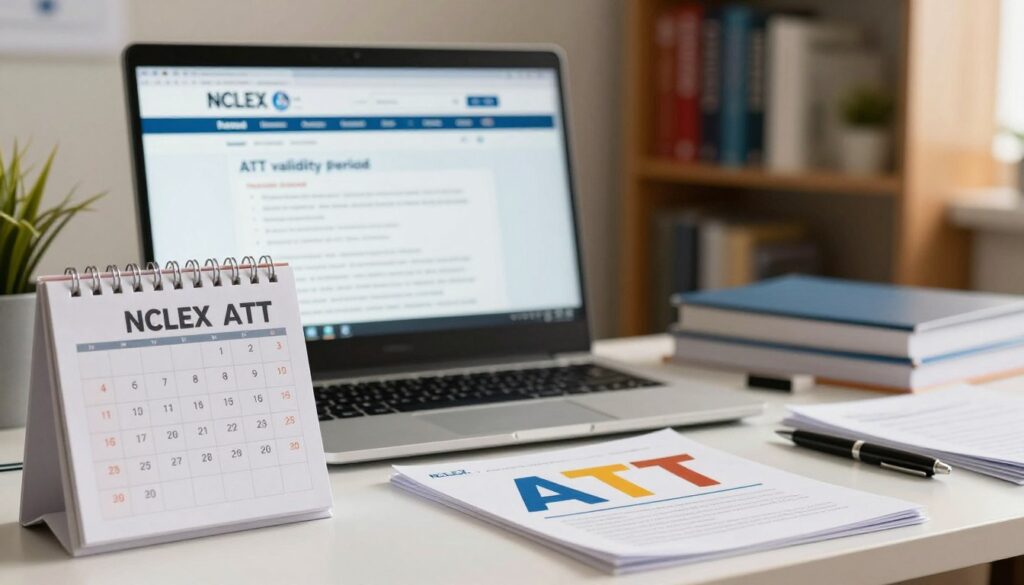 A professional and informative scene illustrating the NCLEX ATT validity period. In the foreground, a neatly organized desk displaying a calendar marked with deadlines, a filing folder labeled "ATT" in vibrant colors, and a pen resting beside it. In the middle ground, a computer screen showing an official NCLEX website, with an open document about the ATT validity period. The background features soft-focus bookshelves filled with nursing textbooks and study materials, adding depth. The lighting is warm and inviting, creating a focused atmosphere, and the camera angle is slightly above eye level to capture the entire workspace. The image conveys a sense of preparation and professionalism, ideal for prospective nursing candidates.