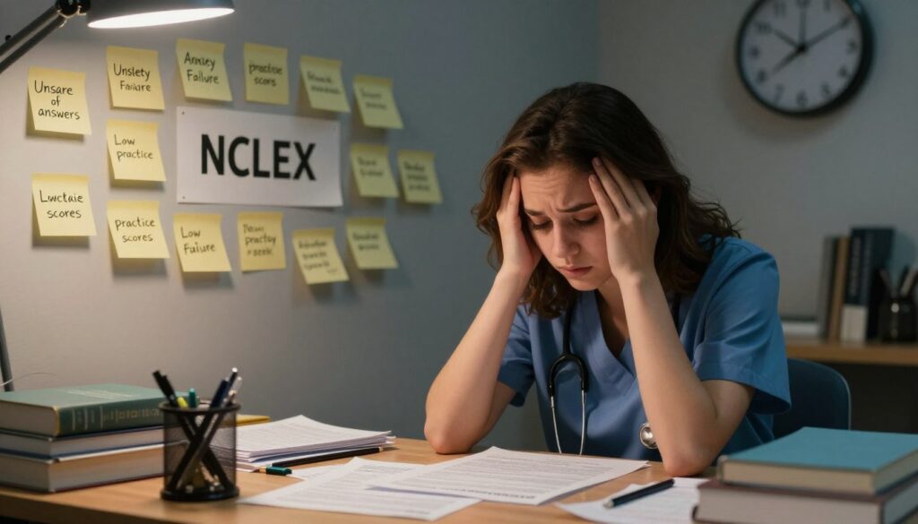 A professional and informative visualization of common signs indicating NCLEX failure. In the foreground, a distressed nursing student sits at a cluttered study desk, surrounded by textbooks and practice test papers scattered around. She wears a smart casual outfit, reflecting her dedication. In the middle ground, a wall is adorned with sticky notes that emphasize anxiety and doubt, such as “Unsure of answers” and “Low practice scores.” In the background, a clock shows a late hour, enhancing the mood of urgency and stress. Soft, diffused lighting casts gentle shadows, conveying a sense of realism and depth, focusing the viewer's attention on the student’s contemplative expression. The overall atmosphere should evoke concern and determination, encapsulating the struggle of preparing for the NCLEX.