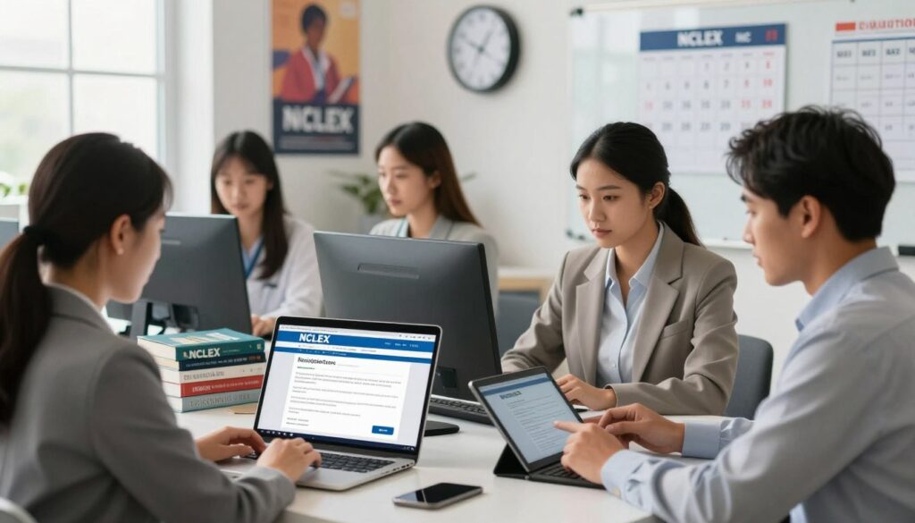 A professional and modern scene illustrating the NCLEX registration process. In the foreground, a diverse group of individuals in business attire are engaging with a computer or tablet, focused on an online registration portal. In the middle ground, a sleek office setting features an organized desk with NCLEX preparation books, a calendar showing important dates, and a clock displaying the passage of time. The background includes soft-focus elements such as motivational posters about nursing and a whiteboard with key deadlines. Bright and warm lighting enhances the atmosphere, creating a sense of urgency and purpose, conveying the importance of timely registration for the NCLEX exam. The composition should evoke a professional, determined, and supportive environment. A professional and modern scene illustrating the NCLEX registration process. In the foreground, a diverse group of individuals in business attire are engaging with a computer or tablet, focused on an online registration portal. In the middle ground, a sleek office setting features an organized desk with NCLEX preparation books, a calendar showing important dates, and a clock displaying the passage of time. The background includes soft-focus elements such as motivational posters about nursing and a whiteboard with key deadlines. Bright and warm lighting enhances the atmosphere, creating a sense of urgency and purpose, conveying the importance of timely registration for the NCLEX exam. The composition should evoke a professional, determined, and supportive environment.