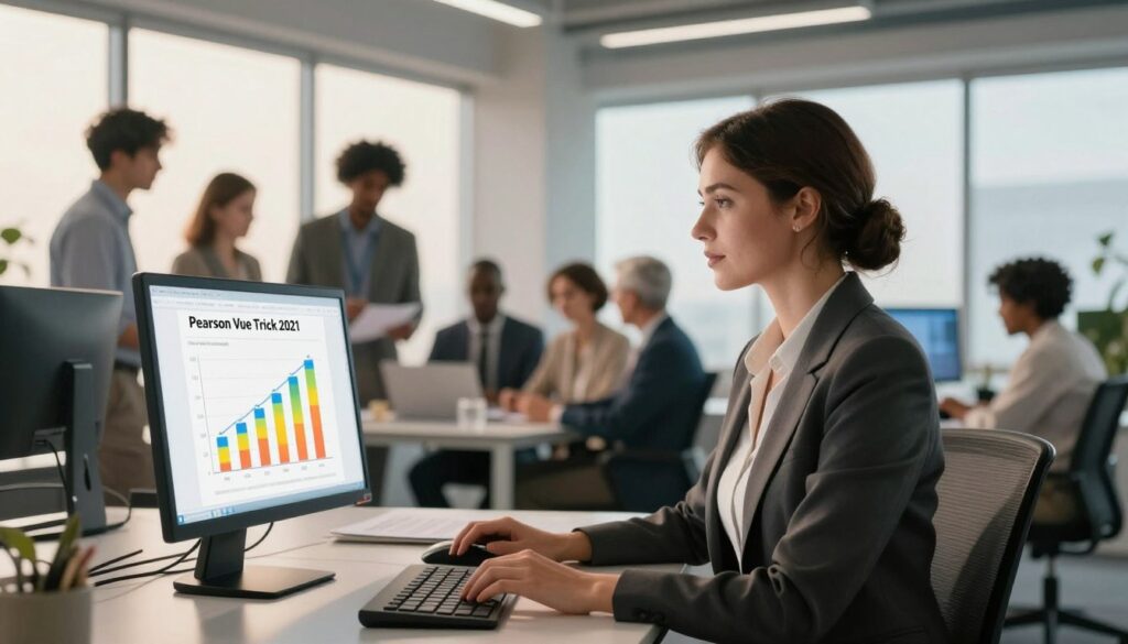 A professional and visually striking illustration reflecting the theme of the "Pearson Vue Trick 2021." In the foreground, a confident businesswoman in professional attire looks at a computer screen displaying a vibrant success rate graph. In the middle ground, a focused group of diverse professionals engage in a brainstorming session, reviewing test strategies around a table. The background features a sleek, modern office environment with large windows letting in soft, natural light, creating an inspirational ambiance. The scene captures a sense of determination and hope, with warm lighting that conveys optimism. Use a wide-angle lens to emphasize collaboration and success, ensuring a polished and professional atmosphere throughout the image.