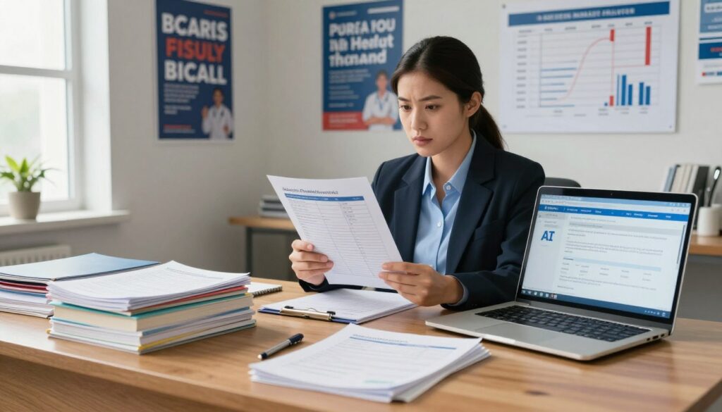 A professional examination room setting, showcasing a large wooden desk with a laptop open displaying an ATI exam score report. In the foreground, a stack of study materials, including books and notes, emphasizing nursing study subjects like pharmacology and patient care. In the middle, a focused nursing student in business attire, reviewing the score report with a determined expression, surrounded by motivational posters related to nursing success. The background features a well-organized wall with charts and graphs of NCLEX passing rates, illuminated by bright, natural light streaming in through a window. The atmosphere is one of concentration and ambition, reflecting the importance of ATI scores in achieving NCLEX success.
