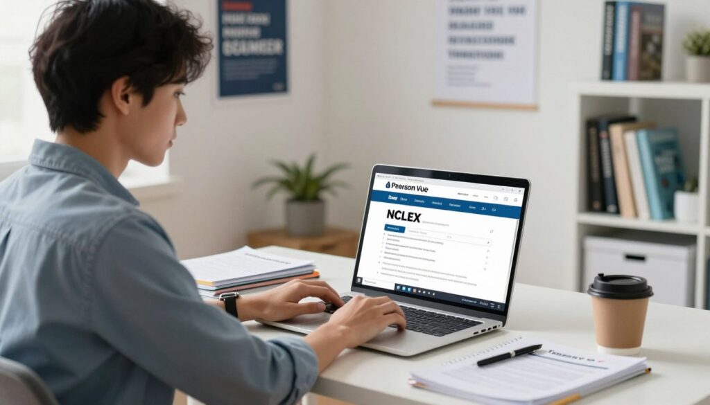A professional, focused scene depicting a young adult seated at a modern desk, intently creating a Pearson VUE account for the NCLEX test on a laptop. In the foreground, the individual, dressed in smart casual attire, is shown typing with a look of concentration. On the desk, various NCLEX study materials and a coffee cup can be seen, conveying a studious atmosphere. In the middle ground, a bright laptop screen displays the Pearson VUE registration page. The background features a well-organized office with motivational posters on the wall and a bookshelf filled with nursing textbooks, enhancing the professional environment. Soft, natural lighting floods the room, creating an inviting and calm mood that encourages focus and determination. A professional, focused scene depicting a young adult seated at a modern desk, intently creating a Pearson VUE account for the NCLEX test on a laptop. In the foreground, the individual, dressed in smart casual attire, is shown typing with a look of concentration. On the desk, various NCLEX study materials and a coffee cup can be seen, conveying a studious atmosphere. In the middle ground, a bright laptop screen displays the Pearson VUE registration page. The background features a well-organized office with motivational posters on the wall and a bookshelf filled with nursing textbooks, enhancing the professional environment. Soft, natural lighting floods the room, creating an inviting and calm mood that encourages focus and determination.
