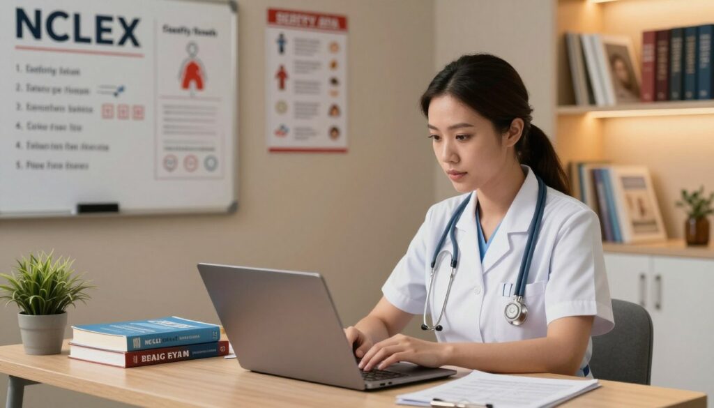 A professional nurse engaging in a safety assessment for NCLEX exam preparation. In the foreground, depict a focused nurse in business attire, sitting at a desk with a laptop, surrounded by examination papers and nursing books. The middle ground features a neatly organized study area, adorned with safety charts and a whiteboard highlighting key safety concepts. In the background, soft-lit shelves of nursing reference materials create a calming atmosphere of studiousness. The lighting should be warm and inviting, suggesting a cozy yet serious study environment. The angle should be slightly elevated to capture both the nurse's engaged expression and the organized workspace beneath, conveying a mood of diligence and professionalism. A professional nurse engaging in a safety assessment for NCLEX exam preparation. In the foreground, depict a focused nurse in business attire, sitting at a desk with a laptop, surrounded by examination papers and nursing books. The middle ground features a neatly organized study area, adorned with safety charts and a whiteboard highlighting key safety concepts. In the background, soft-lit shelves of nursing reference materials create a calming atmosphere of studiousness. The lighting should be warm and inviting, suggesting a cozy yet serious study environment. The angle should be slightly elevated to capture both the nurse's engaged expression and the organized workspace beneath, conveying a mood of diligence and professionalism.