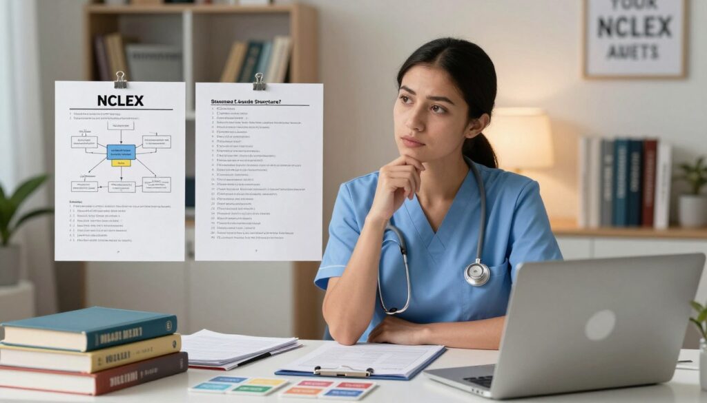 A professional nurse in business attire, seated at a desk surrounded by NCLEX study materials, including books, flashcards, and a laptop displaying a study plan. In the foreground, the nurse is focused and engaged in critical thinking, with a thoughtful expression. The middle ground features organized notes and relevant diagrams related to the NCLEX exam structure, such as a flowchart and a list of question types. The background includes a well-lit study space with shelves filled with nursing textbooks and motivational quotes on the walls. A soft, warm light illuminates the scene, creating a calm and focused atmosphere, emphasizing the importance of preparation and strategy in mastering NCLEX critical thinking skills. A professional nurse in business attire, seated at a desk surrounded by NCLEX study materials, including books, flashcards, and a laptop displaying a study plan. In the foreground, the nurse is focused and engaged in critical thinking, with a thoughtful expression. The middle ground features organized notes and relevant diagrams related to the NCLEX exam structure, such as a flowchart and a list of question types. The background includes a well-lit study space with shelves filled with nursing textbooks and motivational quotes on the walls. A soft, warm light illuminates the scene, creating a calm and focused atmosphere, emphasizing the importance of preparation and strategy in mastering NCLEX critical thinking skills.