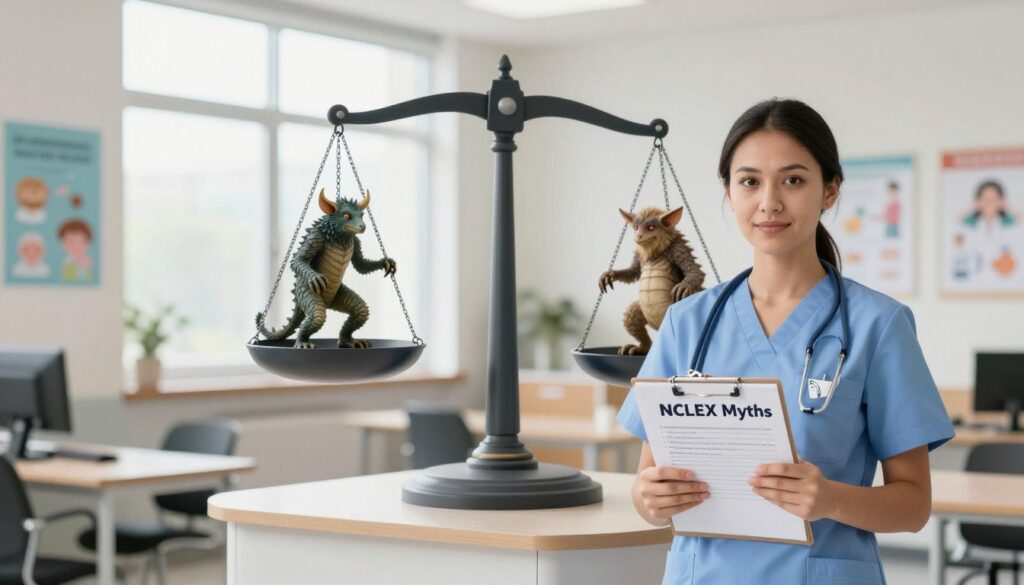 A professional nurse in business attire stands confidently in the foreground, holding a clipboard with documents labeled "NCLEX Myths" prominently featured. The middle ground features a large, stylized scale balancing two mythological creatures symbolizing common NCLEX misconceptions, such as "it's impossible to pass" and "one must memorize everything." The background consists of a bright, modern classroom setting with educational posters about nursing concepts, softly illuminated by natural light streaming through large windows. The overall atmosphere should convey clarity and empowerment, visualizing the idea of debunking misconceptions in nursing education. The image captures a sense of determination and professionalism, suitable for the topic at hand.