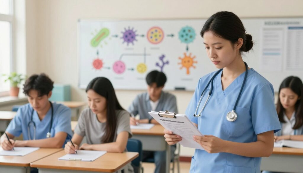 A professional nurse in clean, modest scrubs stands at the forefront, intently reviewing an NCLEX infection control quiz on a clipboard. In the middle ground, a classroom scene features students seated at desks, focusing on their own quizzes and discussing among themselves, illustrating collaboration and learning. The background shows a large whiteboard with colorful diagrams of different types of infections, such as bacteria, viruses, and fungi, with labeled arrows pointing to sections of each. Soft, natural lighting filters in from windows, casting a warm glow over the scene, creating an atmosphere of concentration and professionalism. The image captures the essence of focused learning in the healthcare field without any distractions or textual elements. A professional nurse in clean, modest scrubs stands at the forefront, intently reviewing an NCLEX infection control quiz on a clipboard. In the middle ground, a classroom scene features students seated at desks, focusing on their own quizzes and discussing among themselves, illustrating collaboration and learning. The background shows a large whiteboard with colorful diagrams of different types of infections, such as bacteria, viruses, and fungi, with labeled arrows pointing to sections of each. Soft, natural lighting filters in from windows, casting a warm glow over the scene, creating an atmosphere of concentration and professionalism. The image captures the essence of focused learning in the healthcare field without any distractions or textual elements.
