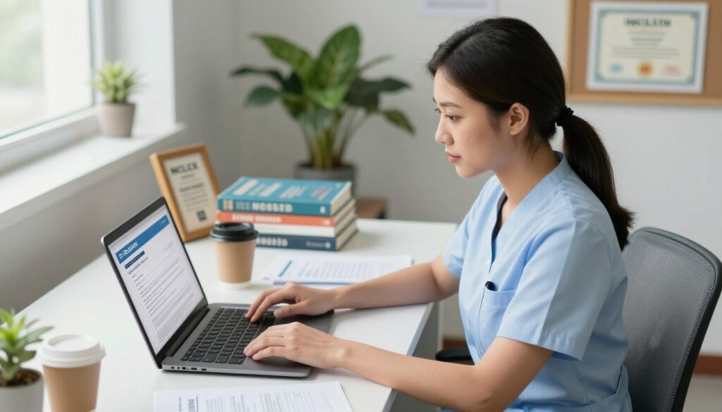 A professional nurse sitting at a desk, focused on completing an online nursing licensure application after passing the NCLEX. In the foreground, the nurse, a woman of Asian descent, is dressed in a smart, business-casual outfit, with neatly styled hair, surrounded by papers and a laptop displaying the application process. In the middle ground, the scene includes a stack of nursing textbooks, a cup of coffee, and a framed certificate of NCLEX pass. The background shows a well-lit office space with a potted plant and a bulletin board displaying nursing licenses. Soft, natural lighting creates a motivating and professional atmosphere, emphasizing determination and focus. The camera angle is slightly elevated, capturing the scene from above, evoking a sense of clarity and purpose.