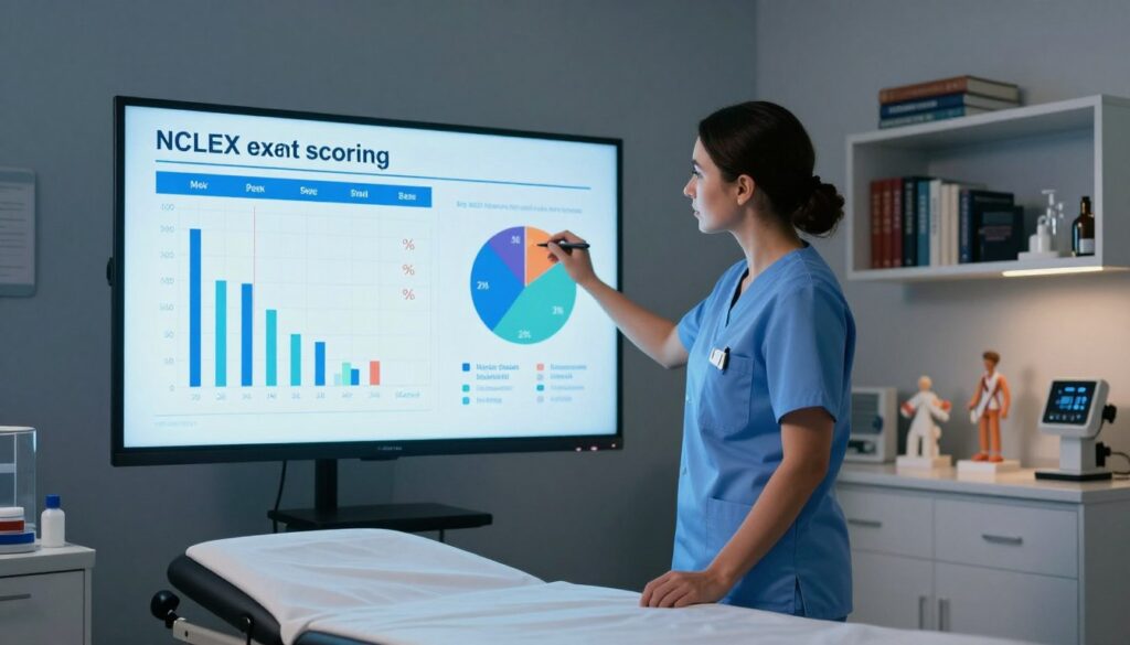 A professional nurse stands in a modern examination room, attentively reviewing a large digital display that illustrates the concept of partial credit scoring on the NCLEX exam. The nurse, dressed in professional scrubs, studies the visual representation of a scoring system, which includes bars and pie charts showing varying percentages of partial points awarded. In the foreground, a clean examination table with medical instruments is visible. The middle-ground features the nurse and the interactive screen glowing with soft ambient lighting. In the background, shelves filled with nursing textbooks and medical models add depth to the scene. The mood is intense yet focused, conveying a sense of professionalism and determination in understanding nursing assessment methods. A professional nurse stands in a modern examination room, attentively reviewing a large digital display that illustrates the concept of partial credit scoring on the NCLEX exam. The nurse, dressed in professional scrubs, studies the visual representation of a scoring system, which includes bars and pie charts showing varying percentages of partial points awarded. In the foreground, a clean examination table with medical instruments is visible. The middle-ground features the nurse and the interactive screen glowing with soft ambient lighting. In the background, shelves filled with nursing textbooks and medical models add depth to the scene. The mood is intense yet focused, conveying a sense of professionalism and determination in understanding nursing assessment methods.
