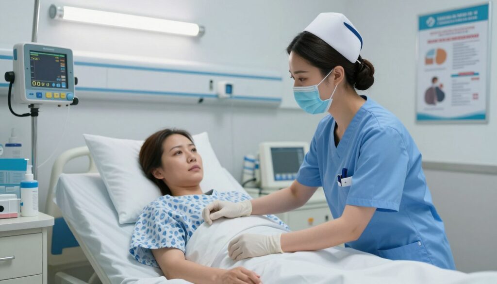 A professional nurse working in a clinical setting, dressed in scrubs and a medical mask, providing care to a patient in a hospital room. The foreground features the nurse attentively monitoring the patient’s vital signs through medical equipment, showcasing a focused expression. In the middle, a hospital bed with a patient resting comfortably, surrounded by various medical supplies and charts. The background reveals a well-lit hospital environment, with clinical posters on the walls and soft fluorescent lighting creating a calm atmosphere. The image should capture a sense of urgency and dedication, reflecting the challenges and responsibilities of working without a full nursing license. Shot from a slightly elevated angle, the composition emphasizes the interaction between the nurse and the patient while maintaining a professional tone. A professional nurse working in a clinical setting, dressed in scrubs and a medical mask, providing care to a patient in a hospital room. The foreground features the nurse attentively monitoring the patient’s vital signs through medical equipment, showcasing a focused expression. In the middle, a hospital bed with a patient resting comfortably, surrounded by various medical supplies and charts. The background reveals a well-lit hospital environment, with clinical posters on the walls and soft fluorescent lighting creating a calm atmosphere. The image should capture a sense of urgency and dedication, reflecting the challenges and responsibilities of working without a full nursing license. Shot from a slightly elevated angle, the composition emphasizes the interaction between the nurse and the patient while maintaining a professional tone.