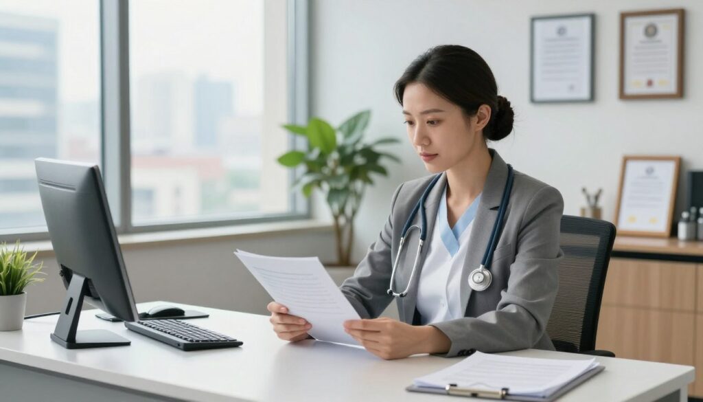 A professional nursing administrator in a bright, modern office setting, seated at a sleek desk, reviewing files and interacting with a digital tablet. She is dressed in smart business attire, exuding confidence and professionalism. In the background, a large window allows natural light to flood the space, revealing a view of a bustling cityscape. A plant and framed certifications decorate the desk area, adding a touch of warmth to the environment. The atmosphere conveys a sense of focus and dedication, with soft lighting enhancing the professional ambiance. The scene is captured with a slightly elevated angle to emphasize the nurse's engagement with her work, highlighting the important roles nurses can take in administrative positions.