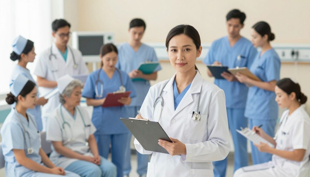 A professional nursing leader stands confidently in the foreground, wearing a crisp white lab coat and holding a clipboard, exemplifying leadership and delegation. Surrounding her are a diverse group of healthcare professionals, including nurses and support staff, all in professional attire, engaged in various tasks—some administering care, others discussing a patient chart. The background features a well-lit hospital setting, with soft, warm lighting that creates an inviting atmosphere. The middle ground is filled with medical equipment and charts, symbolizing the organized chaos of a healthcare environment. The angle is slightly elevated, providing a comprehensive view of the teamwork in action, emphasizing collaboration in patient care. The mood is empowering and focused, capturing the essence of effective leadership in nursing.