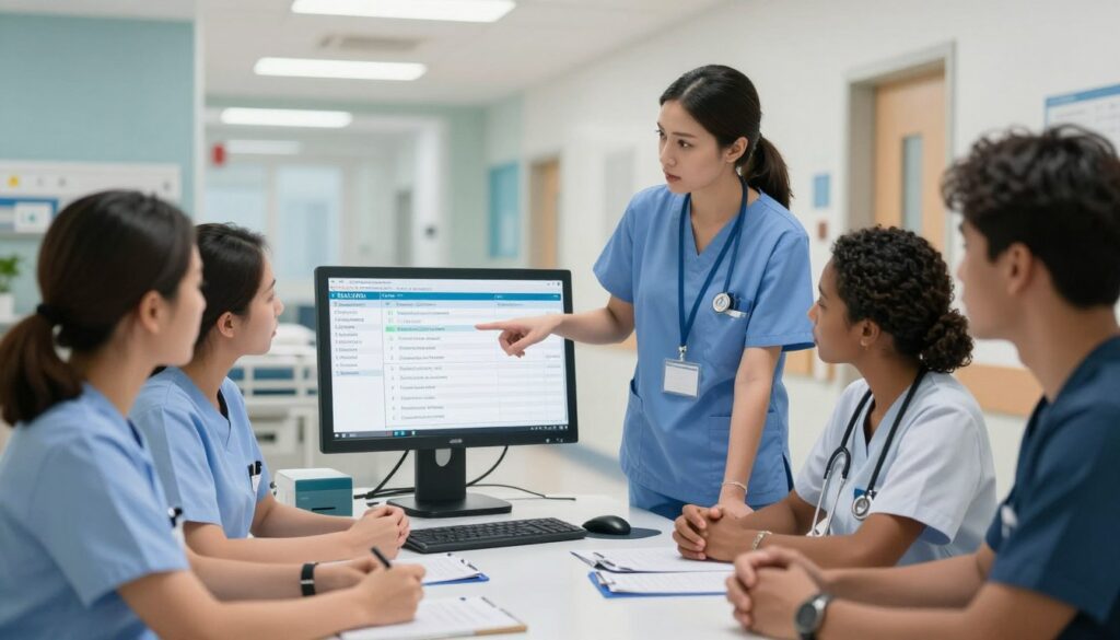 A professional nursing scenario illustrating delegation challenges for NCLEX exam preparation. In the foreground, a diverse group of nurses in business attire is engaged in a discussion around a hospital workstation, showcasing a mix of urgency and teamwork. In the middle, a nursing supervisor points towards a digital monitor displaying patient care tasks and delegation strategies, with focused expressions on their faces. The background features a well-lit hospital hallway with patient rooms, conveying an atmosphere of professionalism and care. The lighting is bright and clinical, emphasizing clarity and purpose. The angle captures both the nurses’ engagement and the technological tools used in delegation, creating an informative and dynamic scene.