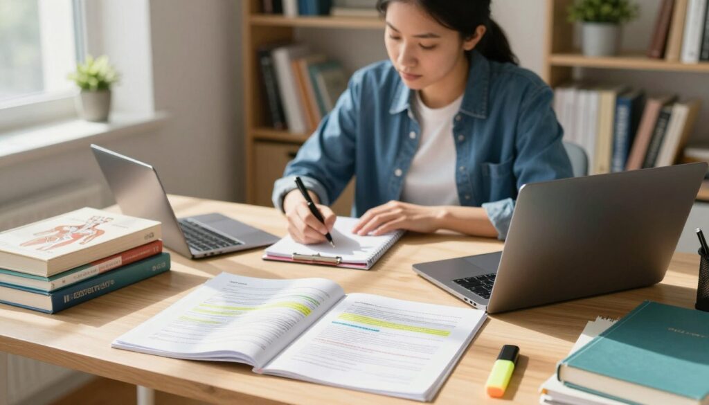 A professional nursing student studying for the NCLEX exam, seated at a modern wooden desk filled with anatomy books, a laptop, and highlighters. The foreground features detailed study materials laid out, including a printed case study with highlighted sections. In the middle ground, the student, dressed in smart casual attire, is focused, taking notes. Bright, natural light streams in from a nearby window, casting soft shadows that create a warm, motivational atmosphere. The background includes shelves filled with medical textbooks and a small plant, enhancing a sense of a dedicated study space. The overall mood is one of concentration and determination, emphasizing the serious yet supportive environment for tackling NCLEX case studies. A professional nursing student studying for the NCLEX exam, seated at a modern wooden desk filled with anatomy books, a laptop, and highlighters. The foreground features detailed study materials laid out, including a printed case study with highlighted sections. In the middle ground, the student, dressed in smart casual attire, is focused, taking notes. Bright, natural light streams in from a nearby window, casting soft shadows that create a warm, motivational atmosphere. The background includes shelves filled with medical textbooks and a small plant, enhancing a sense of a dedicated study space. The overall mood is one of concentration and determination, emphasizing the serious yet supportive environment for tackling NCLEX case studies.