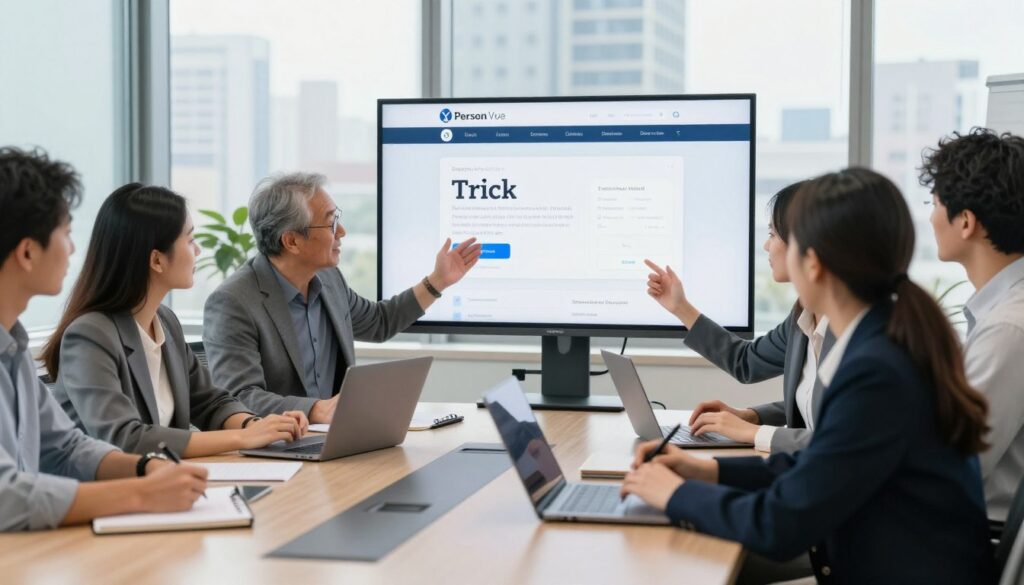 A professional office environment where a diverse group of individuals are gathered around a sleek conference table, examining a large screen displaying a mockup of the Pearson Vue Trick website interface. In the foreground, a young woman in smart business attire looks intrigued, taking notes on her laptop, while in the middle ground, a middle-aged man gestures enthusiastically, explaining the trick's details. In the background, a window reveals a bright cityscape, suggesting a sense of possibility and success. Soft, natural lighting floods the room, creating a motivating atmosphere. The image captures the collaborative spirit of learning and exploring strategies in a professional context, with an emphasis on focused expressions and engaged body language.