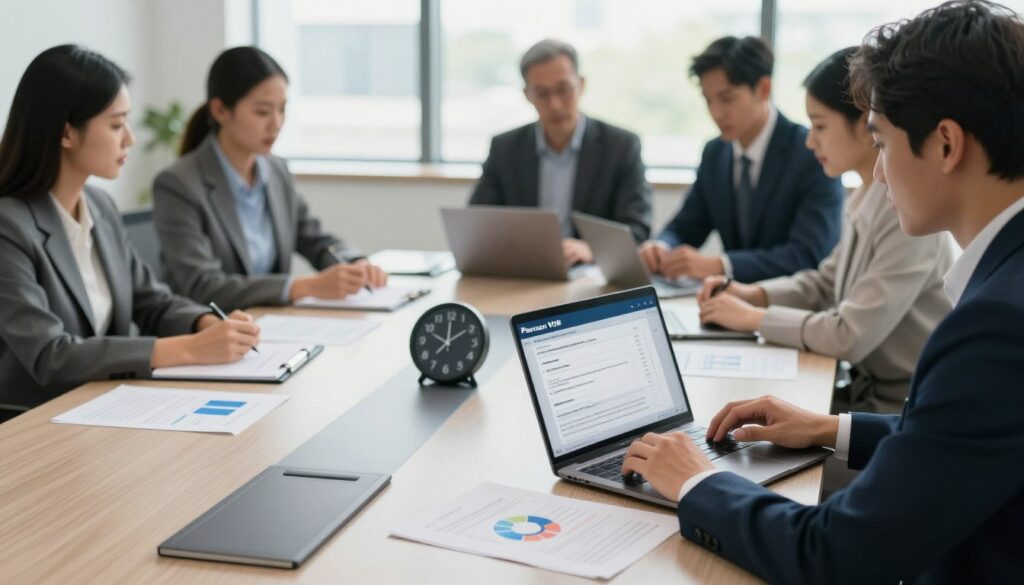 A professional office setting featuring a diverse group of individuals in business attire, seated around a sleek conference table. In the foreground, one person is focused on a laptop, reviewing Pearson VUE Quick Results, displaying a clear and organized interface. The middle layer includes documents and charts scattered on the table, with a digital clock showing time passing, symbolizing the urgency of rechecking results. The background showcases a large window allowing bright, natural light to illuminate the room, creating a warm and productive atmosphere. The overall mood conveys determination and professionalism, emphasizing a collaborative effort in rechecking and contesting exam results. The angle is slightly elevated, providing a comprehensive view of the setting without any text or branding. A professional office setting featuring a diverse group of individuals in business attire, seated around a sleek conference table. In the foreground, one person is focused on a laptop, reviewing Pearson VUE Quick Results, displaying a clear and organized interface. The middle layer includes documents and charts scattered on the table, with a digital clock showing time passing, symbolizing the urgency of rechecking results. The background showcases a large window allowing bright, natural light to illuminate the room, creating a warm and productive atmosphere. The overall mood conveys determination and professionalism, emphasizing a collaborative effort in rechecking and contesting exam results. The angle is slightly elevated, providing a comprehensive view of the setting without any text or branding.