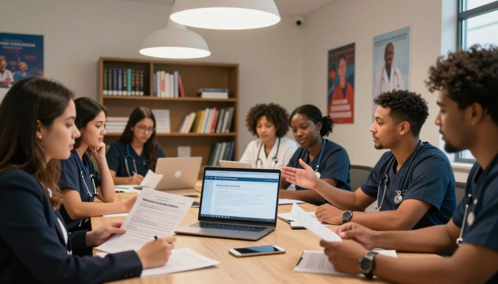 A professional office setting with a diverse group of nursing graduates gathered around a conference table, reviewing documents and discussing the next steps after passing the NCLEX. In the foreground, a young woman in business attire holds her nursing license application, with a focused expression. The middle of the scene features a man gesturing towards a laptop displaying the state nursing board website, emphasizing the process of applying for a nursing license. The background shows warm lighting from modern overhead fixtures, a bookshelf filled with nursing textbooks, and inspirational healthcare posters on the walls. The atmosphere is collaborative and hopeful, capturing the excitement of starting a nursing career. Use a wide-angle lens to encompass the entire setting, showcasing the teamwork involved. A professional office setting with a diverse group of nursing graduates gathered around a conference table, reviewing documents and discussing the next steps after passing the NCLEX. In the foreground, a young woman in business attire holds her nursing license application, with a focused expression. The middle of the scene features a man gesturing towards a laptop displaying the state nursing board website, emphasizing the process of applying for a nursing license. The background shows warm lighting from modern overhead fixtures, a bookshelf filled with nursing textbooks, and inspirational healthcare posters on the walls. The atmosphere is collaborative and hopeful, capturing the excitement of starting a nursing career. Use a wide-angle lens to encompass the entire setting, showcasing the teamwork involved.