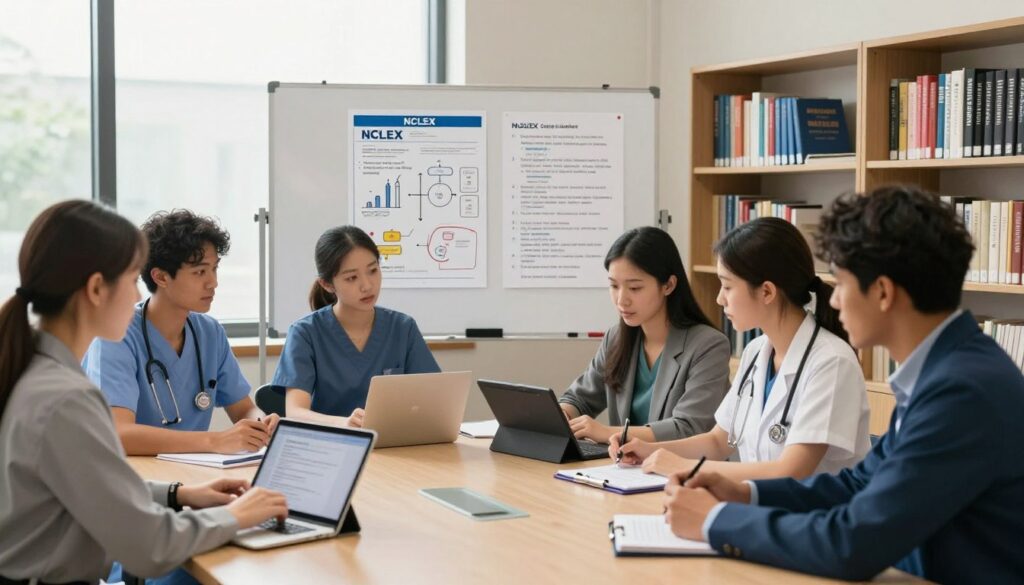 A professional, organized study environment showcasing NGN NCLEX case studies. In the foreground, a diverse group of nursing students, dressed in smart business attire, are seated at a large table, actively discussing a case study on digital tablets and notebooks. The middle ground features a whiteboard filled with diagrams and key points related to NCLEX case studies. Soft, natural lighting floods the room through large windows, creating a warm and inviting atmosphere. In the background, bookshelves lined with nursing textbooks and study guides suggest a well-equipped study space. The scene captures a sense of collaboration and focus, emphasizing the importance of preparation for the NCLEX exam.
