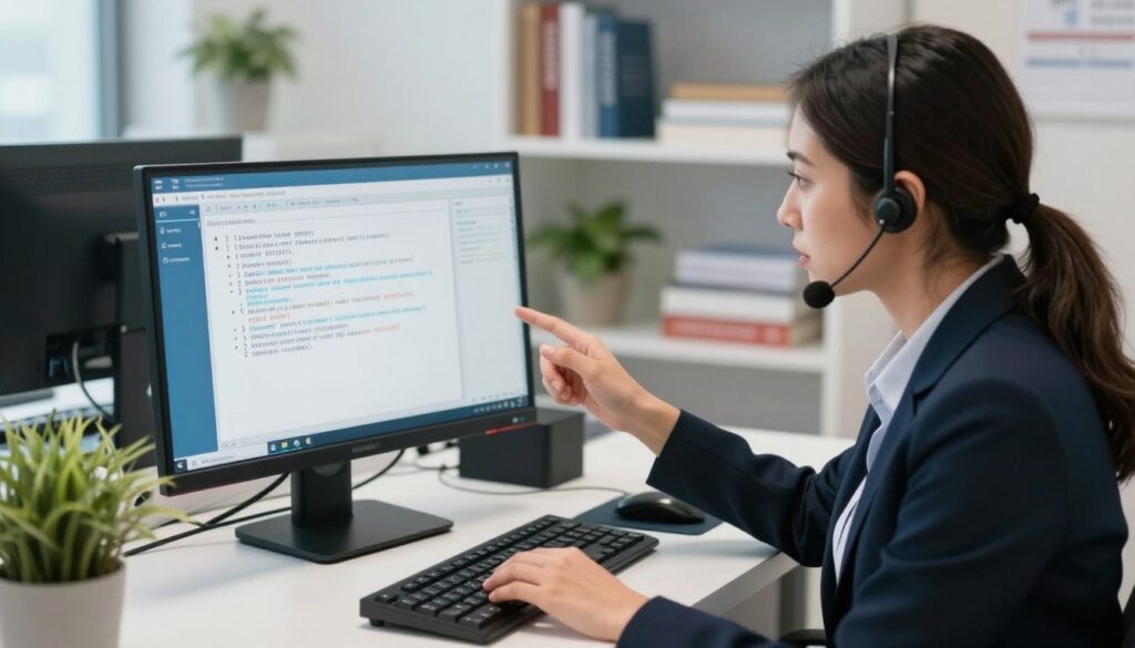 A professional scene depicting a technical support representative assisting a nurse at a computer terminal during an NCLEX exam crisis. In the foreground, the representative, dressed in smart business attire, is demonstrating problem-solving skills, with emphasis on their focused expression and helping gestures. The middle ground features a high-tech monitor displaying a diagnostic screen with error messages about a software crash. The background includes office elements like a potted plant and shelves with medical books and resources, conveying a calm yet urgent atmosphere. The lighting is soft but bright, suggesting a modern office environment, while the camera angle captures the interaction from a slightly elevated perspective, highlighting the critical nature of the situation. A professional scene depicting a technical support representative assisting a nurse at a computer terminal during an NCLEX exam crisis. In the foreground, the representative, dressed in smart business attire, is demonstrating problem-solving skills, with emphasis on their focused expression and helping gestures. The middle ground features a high-tech monitor displaying a diagnostic screen with error messages about a software crash. The background includes office elements like a potted plant and shelves with medical books and resources, conveying a calm yet urgent atmosphere. The lighting is soft but bright, suggesting a modern office environment, while the camera angle captures the interaction from a slightly elevated perspective, highlighting the critical nature of the situation.