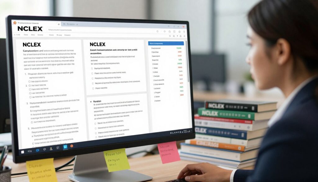 A professional scene depicting the analysis of NCLEX question types, featuring a close-up of a computer screen displaying various NCLEX questions and statistics, set against a softly blurred office background. In the foreground, a focused nursing professional, dressed in smart business attire, examines the screen with a look of concentration. The middle layer shows a stack of NCLEX preparation books and colorful sticky notes scattered around, indicating study materials. The background hints at a modern office with warm, natural lighting filtering through a window, creating an inviting, intellectual atmosphere. The overall mood conveys diligence and analytical thought, emphasizing the challenge and preparation involved in understanding exam difficulty and question style.