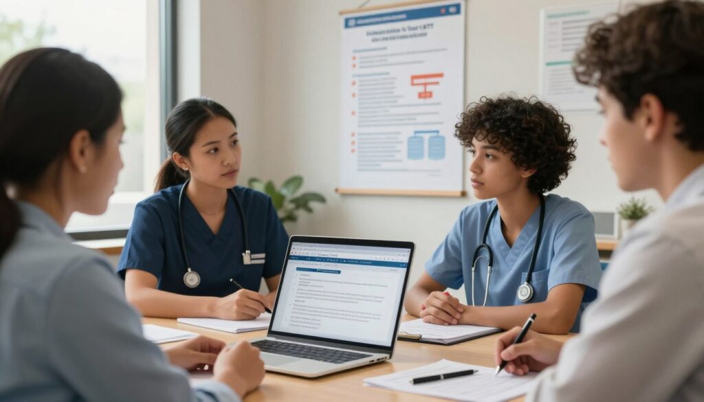 A professional, serene office environment showing a diverse group of individuals, including a nurse in scrubs and a young student, engaged in an informative discussion about how to obtain an Authorization to Test (ATT) for NCLEX. In the foreground, a table is set with a laptop displaying an online application, papers, and a pen. The middle ground features a poster on the wall with visual aids related to the ATT process, including checklists and step-by-step guides. In the background, a window lets in soft, natural light, creating a welcoming and motivational atmosphere. The mood is collaborative and supportive, emphasizing clarity and guidance in the process. Use a warm color palette and a slight depth of field for focus.