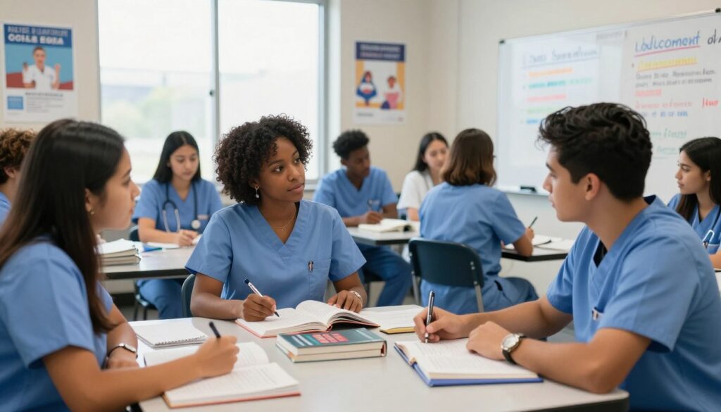 A professional setting depicting a diverse group of nursing students engaged in an NCLEX review session. In the foreground, focus on two students, one African American female and one Hispanic male, sitting at a table covered with nursing textbooks and study materials, deep in discussion. The middle of the image features a whiteboard with clinical judgment concepts written in clear, colorful markers. In the background, a large window lets in natural light, creating a bright and inviting atmosphere. The room is decorated with educational posters related to nursing and patient care. The mood is collaborative and focused, emphasizing the importance of clinical judgment skills in nursing practice. A focal length that captures both the students' expressions and the study materials, with a slight depth of field to emphasize their engagement. A professional setting depicting a diverse group of nursing students engaged in an NCLEX review session. In the foreground, focus on two students, one African American female and one Hispanic male, sitting at a table covered with nursing textbooks and study materials, deep in discussion. The middle of the image features a whiteboard with clinical judgment concepts written in clear, colorful markers. In the background, a large window lets in natural light, creating a bright and inviting atmosphere. The room is decorated with educational posters related to nursing and patient care. The mood is collaborative and focused, emphasizing the importance of clinical judgment skills in nursing practice. A focal length that captures both the students' expressions and the study materials, with a slight depth of field to emphasize their engagement.