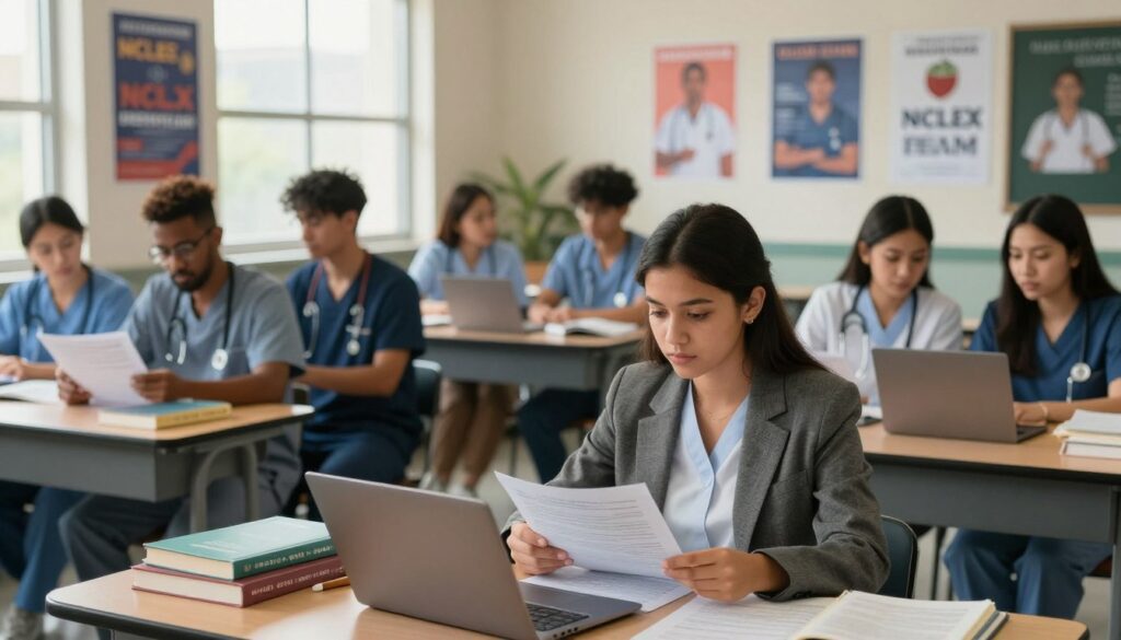 A professional setting depicting a diverse group of nursing students preparing to take the NCLEX exam in a different state. In the foreground, a young woman in business attire is reviewing study materials with focus and determination, surrounded by books and a laptop. In the middle ground, a group of students, including a man and another woman, discuss their test strategies, conveying a sense of collaboration and support. The background features a modern classroom environment with motivational posters about nursing and examination success on the walls, bathed in warm, natural lighting from large windows. The atmosphere is serious yet hopeful, capturing the essence of preparing for an important milestone in their nursing careers. The camera angle is slightly above eye level, providing a comprehensive view of the scene. A professional setting depicting a diverse group of nursing students preparing to take the NCLEX exam in a different state. In the foreground, a young woman in business attire is reviewing study materials with focus and determination, surrounded by books and a laptop. In the middle ground, a group of students, including a man and another woman, discuss their test strategies, conveying a sense of collaboration and support. The background features a modern classroom environment with motivational posters about nursing and examination success on the walls, bathed in warm, natural lighting from large windows. The atmosphere is serious yet hopeful, capturing the essence of preparing for an important milestone in their nursing careers. The camera angle is slightly above eye level, providing a comprehensive view of the scene.