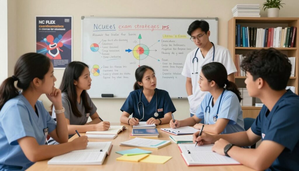 A professional setting illustrating effective NCLEX exam strategies. In the foreground, a diverse group of nursing students in professional attire are gathered around a large study table cluttered with textbooks, notes, and NCLEX practice materials. Focus on their engaged expressions as they discuss strategies, emphasizing collaboration and concentration. In the middle ground, a whiteboard filled with colorful diagrams and bullet points outlining key test-taking strategies, such as time management and question analysis. The background features a well-lit classroom environment with motivational posters and shelves filled with nursing references. Use warm, inviting lighting to create a supportive and focused atmosphere, shot at a slightly elevated angle to capture the depth of the scene. A professional setting illustrating effective NCLEX exam strategies. In the foreground, a diverse group of nursing students in professional attire are gathered around a large study table cluttered with textbooks, notes, and NCLEX practice materials. Focus on their engaged expressions as they discuss strategies, emphasizing collaboration and concentration. In the middle ground, a whiteboard filled with colorful diagrams and bullet points outlining key test-taking strategies, such as time management and question analysis. The background features a well-lit classroom environment with motivational posters and shelves filled with nursing references. Use warm, inviting lighting to create a supportive and focused atmosphere, shot at a slightly elevated angle to capture the depth of the scene.