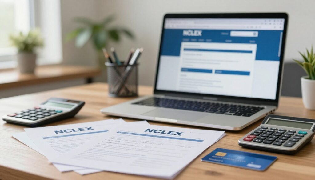 A professional setting showcasing the registration fee for the NCLEX exam. In the foreground, a neatly arranged stack of official documents, including an NCLEX registration form, along with a calculator and a credit card, hinting at payment methods. In the middle, a blurred laptop screen displaying the NCLEX official website, with a focus on the payment page, giving it a soft bokeh effect. In the background, a well-lit office environment with a wooden desk and potted plants, creating a calm and organized atmosphere. Soft, natural lighting cascades through a window, enhancing the professionalism of the scene. The overall mood is informative and serene, conveying a sense of clarity and accessibility regarding the registration process. A professional setting showcasing the registration fee for the NCLEX exam. In the foreground, a neatly arranged stack of official documents, including an NCLEX registration form, along with a calculator and a credit card, hinting at payment methods. In the middle, a blurred laptop screen displaying the NCLEX official website, with a focus on the payment page, giving it a soft bokeh effect. In the background, a well-lit office environment with a wooden desk and potted plants, creating a calm and organized atmosphere. Soft, natural lighting cascades through a window, enhancing the professionalism of the scene. The overall mood is informative and serene, conveying a sense of clarity and accessibility regarding the registration process.