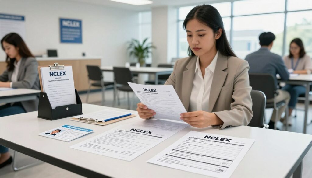 A professional setting showcasing the required documentation for NCLEX check-in. In the foreground, a clean, organized table displaying essential items: a valid photo ID, NCLEX registration confirmation, and a printout of a candidate's test instructions, all neatly arranged. In the middle, a focused candidate dressed in modest business attire, examining their documents with a calm expression. In the background, the interior of a bright, modern testing center with clipboard holders, informational signage, and a line of candidates waiting to be checked in. Soft, natural lighting streams through large windows, creating a welcoming atmosphere that emphasizes professionalism and readiness for the exam. The image captures the essence of preparation and compliance in a secure examination environment. A professional setting showcasing the required documentation for NCLEX check-in. In the foreground, a clean, organized table displaying essential items: a valid photo ID, NCLEX registration confirmation, and a printout of a candidate's test instructions, all neatly arranged. In the middle, a focused candidate dressed in modest business attire, examining their documents with a calm expression. In the background, the interior of a bright, modern testing center with clipboard holders, informational signage, and a line of candidates waiting to be checked in. Soft, natural lighting streams through large windows, creating a welcoming atmosphere that emphasizes professionalism and readiness for the exam. The image captures the essence of preparation and compliance in a secure examination environment.