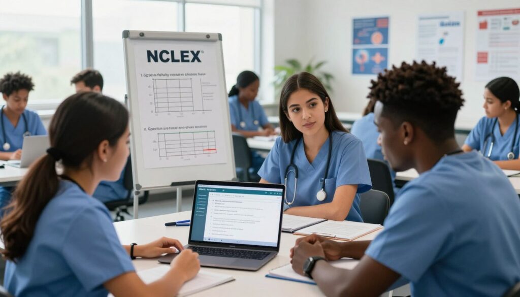 A professional study environment featuring a diverse group of nursing students engaged in an NCLEX adaptive testing strategy session. In the foreground, two students, a Hispanic woman and a Black man, are intently discussing test-taking strategies over a laptop displaying an adaptive quiz interface. The middle ground includes a small whiteboard with diagrams showing the concepts of adaptive testing, like question difficulty levels and progress tracking. The background features a bright, modern classroom with soft natural lighting, large windows, and educational posters related to nursing. The atmosphere is focused and collaborative, with an emphasis on learning and strategy. The scene is shot from a slightly elevated angle to capture both the students and their materials effectively.