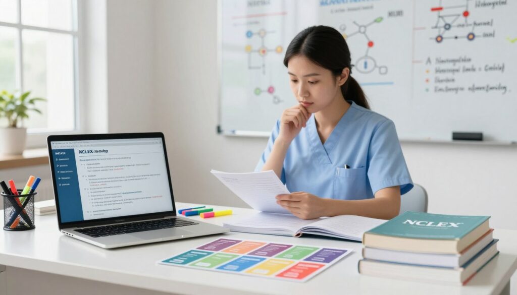 A professional study environment focused on pharmacology review for NCLEX preparation. In the foreground, a well-organized study desk with a laptop displaying NCLEX-style question sets, colorful flashcards, and a few neatly stacked medical textbooks. In the middle ground, a focused nurse or nursing student in professional attire, thoughtfully reviewing notes, surrounded by highlighters, and practical study aids. The background features a bright, well-lit room with a whiteboard filled with pharmacology concepts, diagrams, and medication classifications. Soft, natural light pours in from a window, creating a motivating and encouraging atmosphere. The overall mood is one of determination and focused learning, capturing a sense of urgency in preparation for the NCLEX exam.