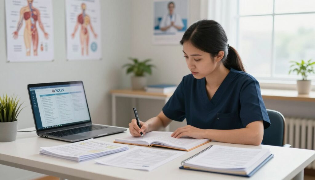 A professional study space is depicted in the foreground, featuring an organized desk with NCLEX test study materials, notebooks, and a laptop displaying a digital NCLEX blueprint. In the middle, a focused nursing student in professional attire is seated, actively highlighting key concepts in their notes. Surrounding them are subtle representations of anatomy charts and clinical scenarios on the walls, signifying comprehensive understanding. The background features a well-lit room with soft, natural light pouring in through a window, emphasizing clarity and concentration. The mood is calm and studious, encouraging an atmosphere of deep learning where understanding is prioritized over rote memorization. The scene is captured with a slight depth of field, bringing attention to the student while softly blurring the background elements.