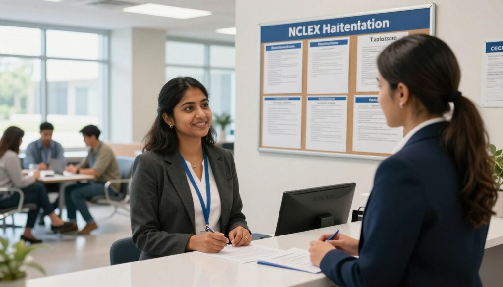 A professional testing center interior, focusing on a reception area where a diverse group of individuals are discussing the process of switching their NCLEX exam location. Foreground features a young South Asian woman in business attire speaking with a staff member at a modern reception desk, both looking engaged and friendly. In the middle, a bulletin board displays information about fees and policies related to changing testing locations, with visuals of documents and forms. The background shows a spacious waiting area with bright natural lighting streaming through large windows, creating a productive yet welcoming atmosphere. The overall mood is informative and supportive, emphasizing a sense of guidance and professionalism. The image should be clear, with a slight depth of field for emphasis, shot at eye level for a relatable perspective. A professional testing center interior, focusing on a reception area where a diverse group of individuals are discussing the process of switching their NCLEX exam location. Foreground features a young South Asian woman in business attire speaking with a staff member at a modern reception desk, both looking engaged and friendly. In the middle, a bulletin board displays information about fees and policies related to changing testing locations, with visuals of documents and forms. The background shows a spacious waiting area with bright natural lighting streaming through large windows, creating a productive yet welcoming atmosphere. The overall mood is informative and supportive, emphasizing a sense of guidance and professionalism. The image should be clear, with a slight depth of field for emphasis, shot at eye level for a relatable perspective.
