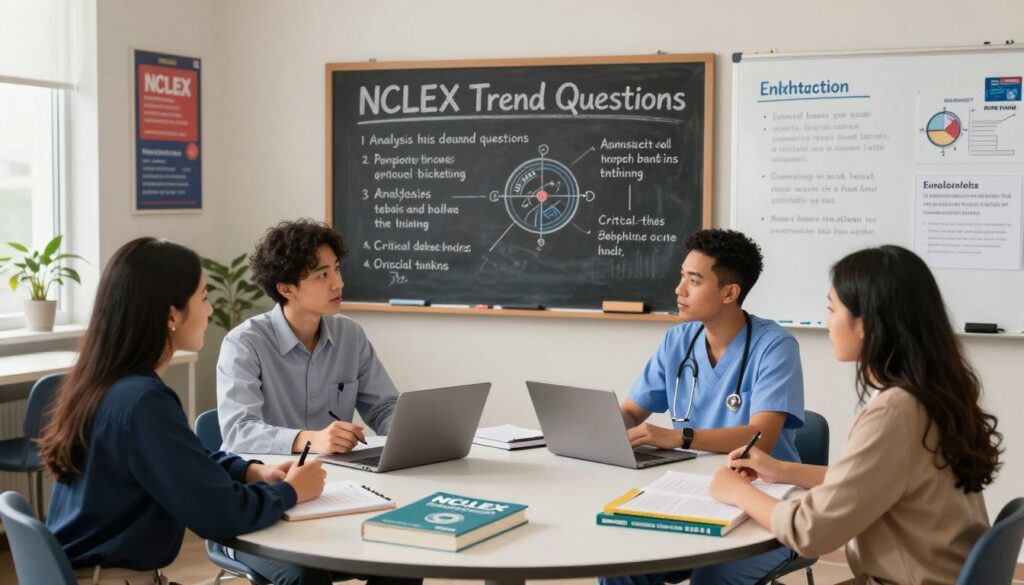 A professional, well-organized study setting showcasing NCLEX trend questions. In the foreground, a diverse group of four nursing students, dressed in smart casual attire, sit at a round table filled with NCLEX review books, notes, and laptops, deeply engaged in discussion. In the middle, a large, visually striking chalkboard displays keywords and diagrams about NCLEX trend questions, emphasizing analysis and critical thinking. The background features a well-lit classroom environment with motivational posters on the walls and a whiteboard filled with nursing concepts. The overall atmosphere is one of collaboration and determination, with warm lighting highlighting the students’ focused expressions, captured from a slightly elevated angle to encompass the entire scene.