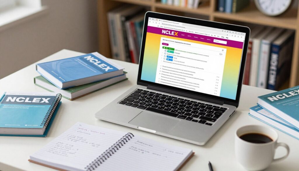 A professional workspace featuring a laptop open to a colorful Kaplan NCLEX question bank website, surrounded by scattered NCLEX preparation books and study materials. The foreground showcases a well-organized desk with a cup of coffee and a notepad filled with handwritten notes. In the middle ground, the laptop screen displays vibrant graphics and charts related to nursing questions and test strategies, emphasizing user engagement and interactivity. The background features soft-focus elements like a bookshelf filled with nursing textbooks and a wall clock, adding a sense of structure to the study environment. Use warm, natural lighting to create a welcoming atmosphere suitable for focused study. The angle should be slightly above eye level, providing a comprehensive view of the workspace without any text or additional distractions. A professional workspace featuring a laptop open to a colorful Kaplan NCLEX question bank website, surrounded by scattered NCLEX preparation books and study materials. The foreground showcases a well-organized desk with a cup of coffee and a notepad filled with handwritten notes. In the middle ground, the laptop screen displays vibrant graphics and charts related to nursing questions and test strategies, emphasizing user engagement and interactivity. The background features soft-focus elements like a bookshelf filled with nursing textbooks and a wall clock, adding a sense of structure to the study environment. Use warm, natural lighting to create a welcoming atmosphere suitable for focused study. The angle should be slightly above eye level, providing a comprehensive view of the workspace without any text or additional distractions.
