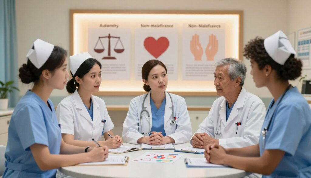 A serene and educational scene illustrating the key ethical principles in nursing. In the foreground, a diverse group of three nurses, dressed in professional scrubs and lab coats, engage in a discussion around a round table strewn with medical literature and diagrams. In the middle ground, a softly lit bulletin board displays visual representations of ethical principles—autonomy, beneficence, non-maleficence, and justice—artistically illustrated with symbols like a scale, a heart, and hands. The background features a calming hospital environment with warm lighting, emphasizing a sense of professionalism and care. The entire composition portrays a collaborative atmosphere, radiating support and focus on ethical nursing practices. The image should evoke feelings of trust, respect, and commitment to patient care. A serene and educational scene illustrating the key ethical principles in nursing. In the foreground, a diverse group of three nurses, dressed in professional scrubs and lab coats, engage in a discussion around a round table strewn with medical literature and diagrams. In the middle ground, a softly lit bulletin board displays visual representations of ethical principles—autonomy, beneficence, non-maleficence, and justice—artistically illustrated with symbols like a scale, a heart, and hands. The background features a calming hospital environment with warm lighting, emphasizing a sense of professionalism and care. The entire composition portrays a collaborative atmosphere, radiating support and focus on ethical nursing practices. The image should evoke feelings of trust, respect, and commitment to patient care.